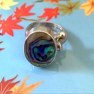 Sajen Sterling Silver Blue Green Iridescent Abalone Shell Ring Adjustable Size